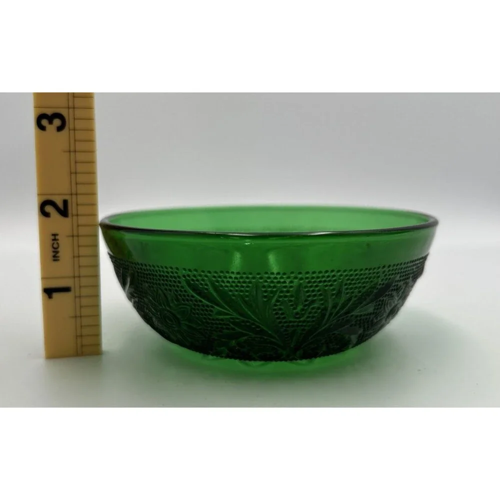 Vintage Emerald Green Pressed Glass Berry Dessert Bowls Floral Set of 2